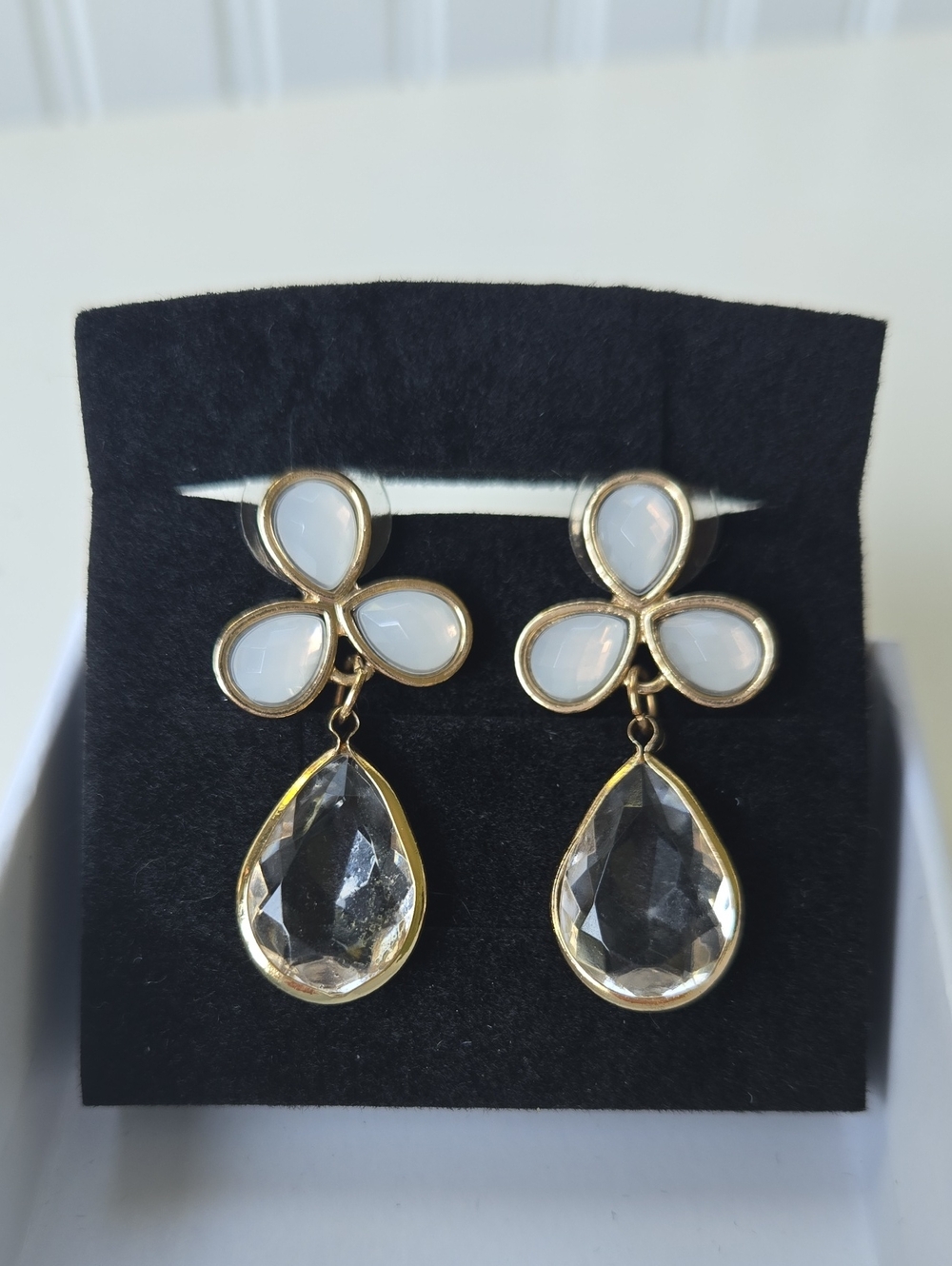 Gold Drop Earrings with White Petal Accents